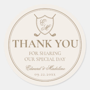 Elegant Classic Crest Monogram Golf Wedding Classic Round Sticker
