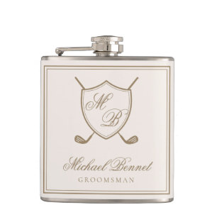 Elegant Classic Crest Monogram Golf Wedding Hip Flask
