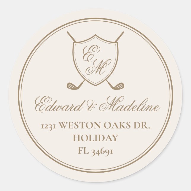Elegant Classic Crest Monogram Golf Wedding Round Sticker (Front)