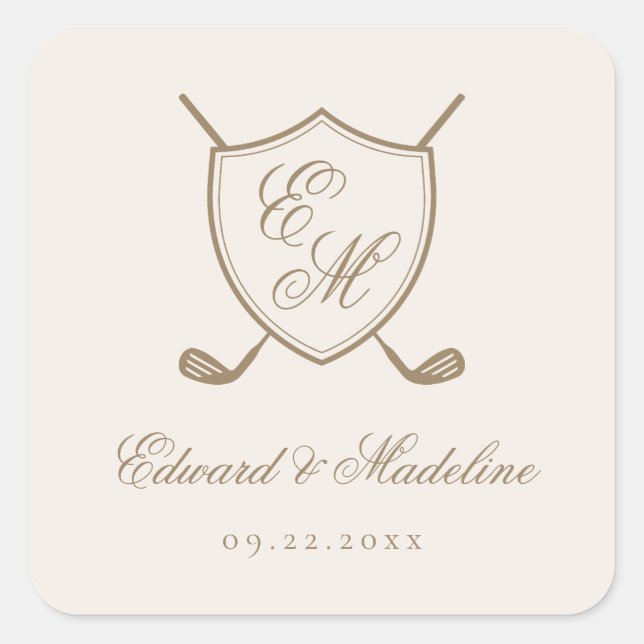 Elegant Classic Crest Monogram Golf Wedding Square Sticker (Front)