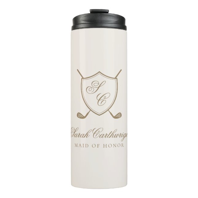 Elegant Classic Crest Monogram Golf Wedding Thermal Tumbler (Front)