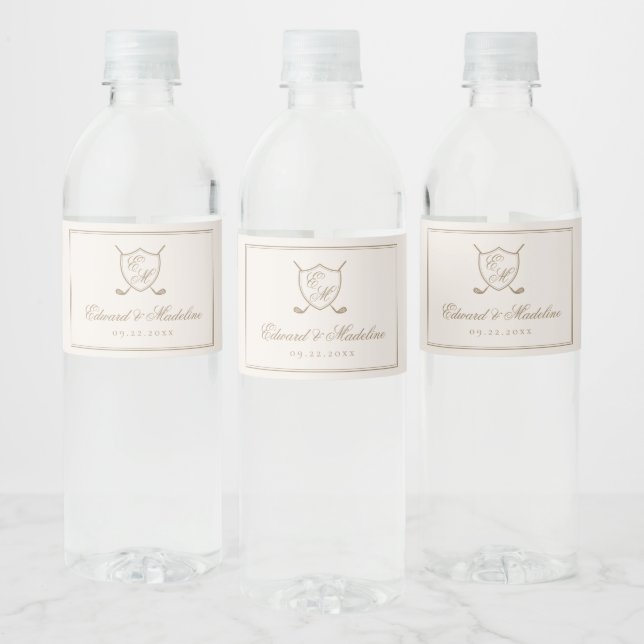 Elegant Classic Crest Monogram Golf Wedding Water Bottle Label (Bottles)