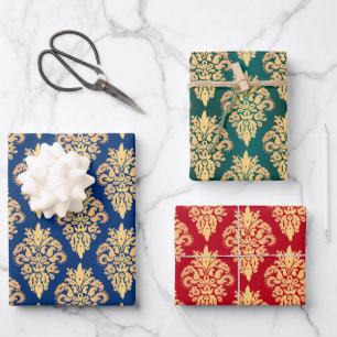 Elegant Classic Damask Pattern Red Blue and Green Wrapping Paper Sheet