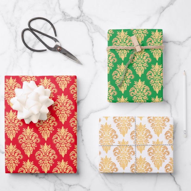 Elegant Classic Damask Pattern Red Green Gold Wrapping Paper Sheet (Front)