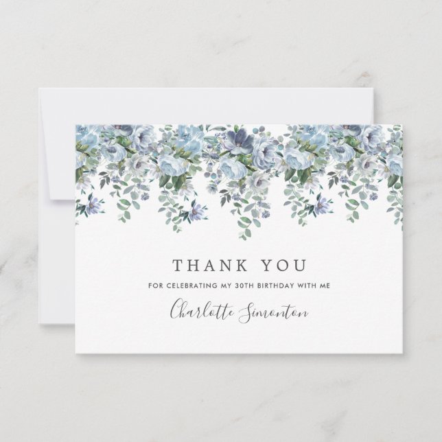 Elegant Classic Dusty Blue Floral 30th Birthday Thank You Card (Front)