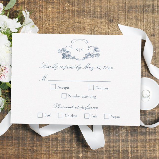 Elegant Classic Dusty Blue French Floral RSVP Card (Creator Uploaded)