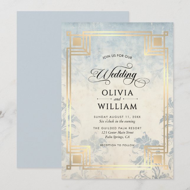 Elegant Classic Dusty Blue Wedding Invitation (Front/Back)