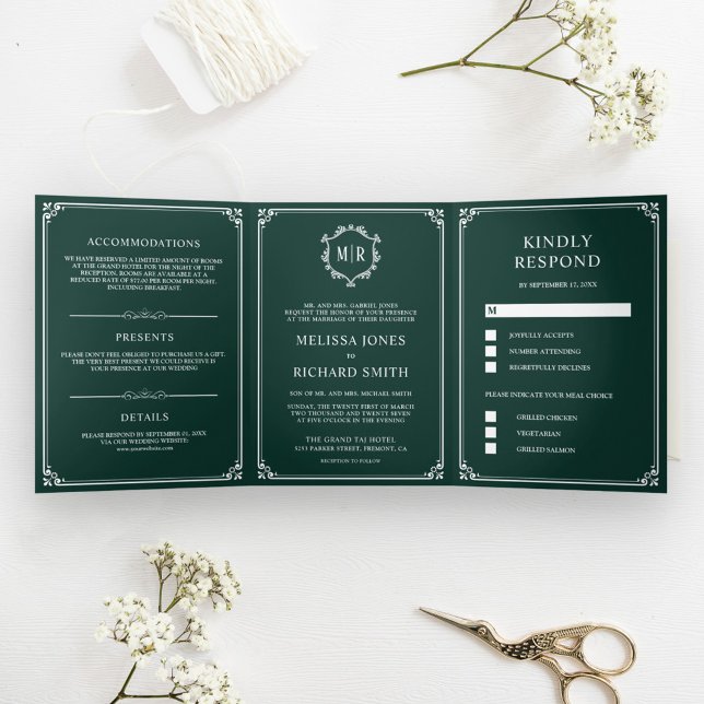 Elegant Classic Emerald Green Monogram Wedding Tri-Fold Invitation (Creator Uploaded)
