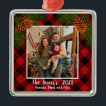 Elegant classic family photo red plaid pinecone metal ornament<br><div class="desc">Rustic country up-north feeling ! Red and black plaid - pine cones - holiday cheer,  elegant script calligraphy text! Customizable - change text style add your own photo,  make it your own!</div>