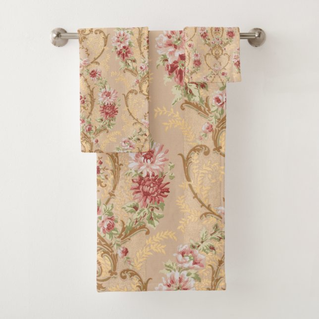 Elegant Classic Floral and Gold Rococo Filigree Bath Towel Set (Insitu)