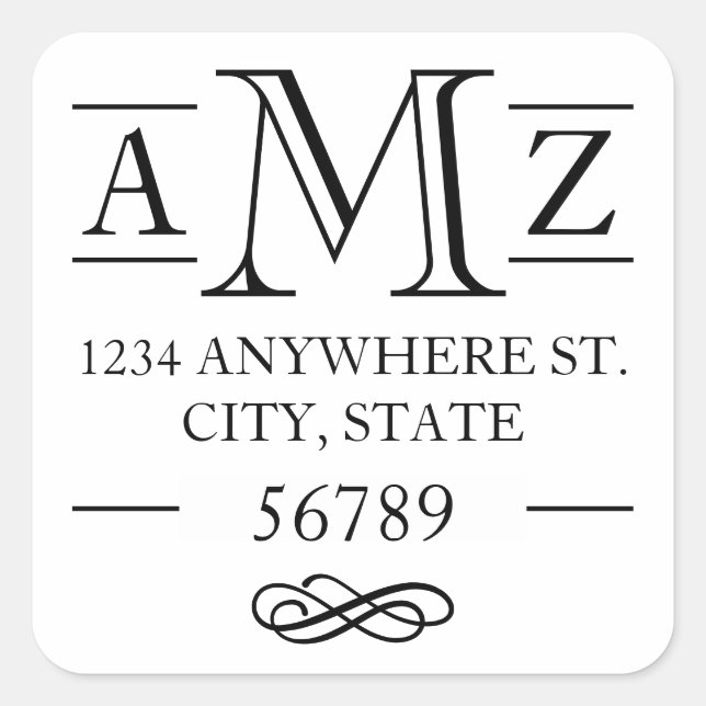Elegant Classic Flourish Monogram Return Address Square Sticker (Front)
