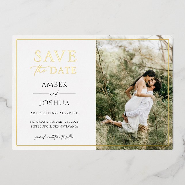 Elegant Classic Foil Pressed Photo Save the Date  (Front)