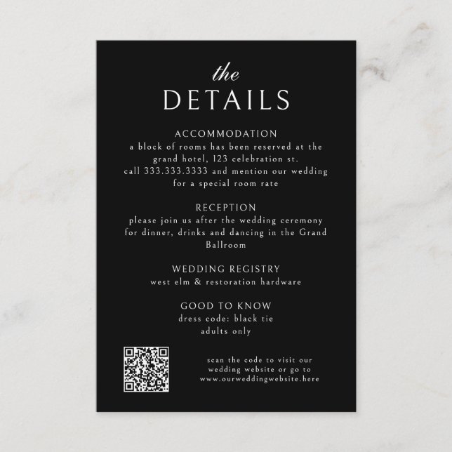Elegant Classic Formal Black QR Code Wedding  Enclosure Card (Front)