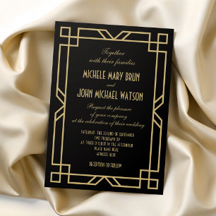 Elegant Classic Frame Art Deco Gold Black Wedding Invitation