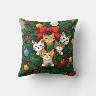 Elegant Classic Funny Cat Christmas Tree Red Green Throw Pillow