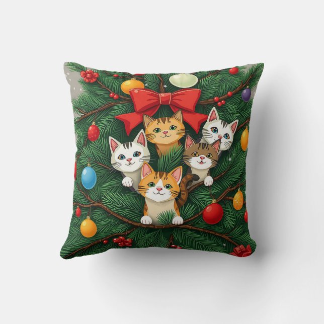 Elegant Classic Funny Cat Christmas Tree Red Green Throw Pillow (Back)