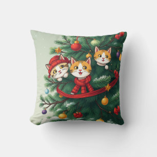 Elegant Classic Funny Cat Christmas Tree Red Green Throw Pillow