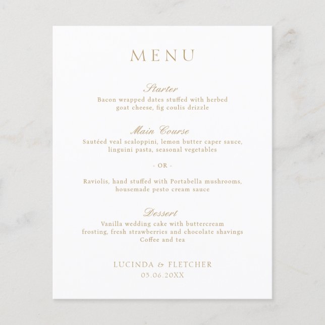 Élégant Classic Gold Formal Menu Mariage (Devant)