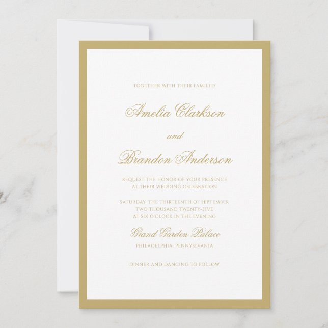 Elegant Classic Gold Formal Script Border Wedding Invitation (Front)