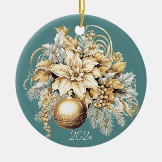 Elegant classic gold teal luxury Christmas bouquet Ceramic Ornament (Front)