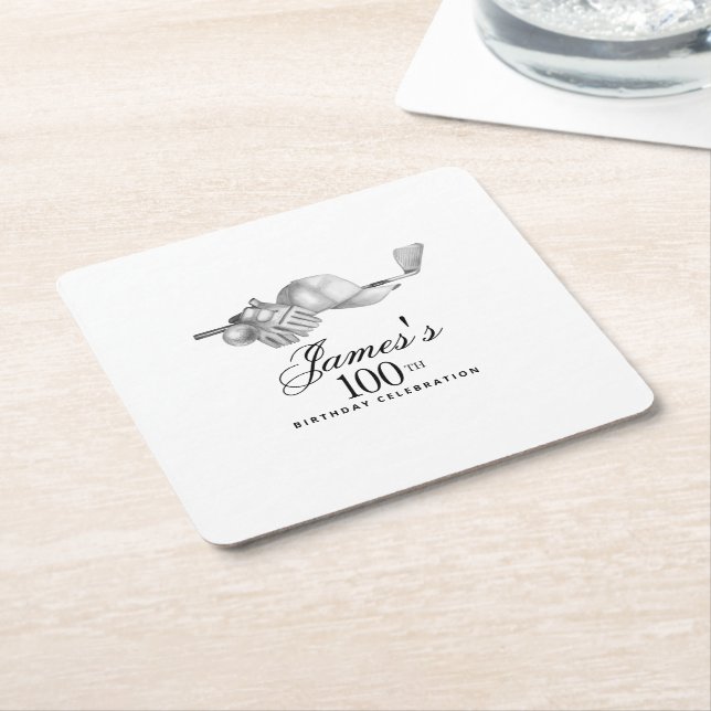 Elegant Classic Golf 100th Birthday Party Custom Square Paper Coaster (Angled)