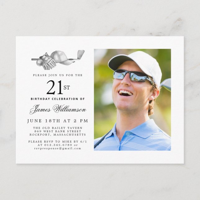 Elegant Classic Golf 21st Birthday Party Photo Invitation Postcard (Front)