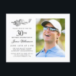 Elegant Classic Golf 30th Birthday Party Photo Invitation Postcard<br><div class="desc">Elegant black and white birthday invitation for a golfer. The top of the invitation is decorated with golf accessories - a golf club, golf ball, hat and gloves. The watercolor design creates a traditional and classic aesthetic. Perfect for a birthday bash at the club or a backyard BBQ. All of...</div>