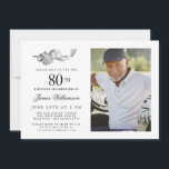Elegant Classic Golf 80th Birthday Party Photo Invitation<br><div class="desc">Elegant black and white birthday invitation for a golfer. The top of the invitation is decorated with golf accessories - a golf club, golf ball, hat and gloves. The watercolor design creates a traditional and classic aesthetic. Perfect for a birthday bash at the club or a backyard BBQ. All of...</div>