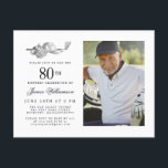Elegant Classic Golf 80th Birthday Party Photo Invitation Postcard<br><div class="desc">Elegant black and white birthday invitation for a golfer. The top of the invitation is decorated with golf accessories - a golf club, golf ball, hat and gloves. The watercolor design creates a traditional and classic aesthetic. Perfect for a birthday bash at the club or a backyard BBQ. All of...</div>