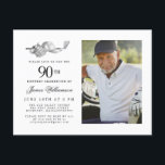Elegant Classic Golf 90th Birthday Party Photo Invitation Postcard<br><div class="desc">Elegant black and white birthday invitation for a golfer. The top of the invitation is decorated with golf accessories - a golf club, golf ball, hat and gloves. The watercolor design creates a traditional and classic aesthetic. Perfect for a birthday bash at the club or a backyard BBQ. All of...</div>