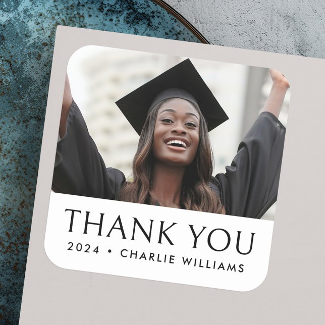 Elegant classic graduation photo thank you square sticker (Elegant classic graduation photo thank you square sticker)