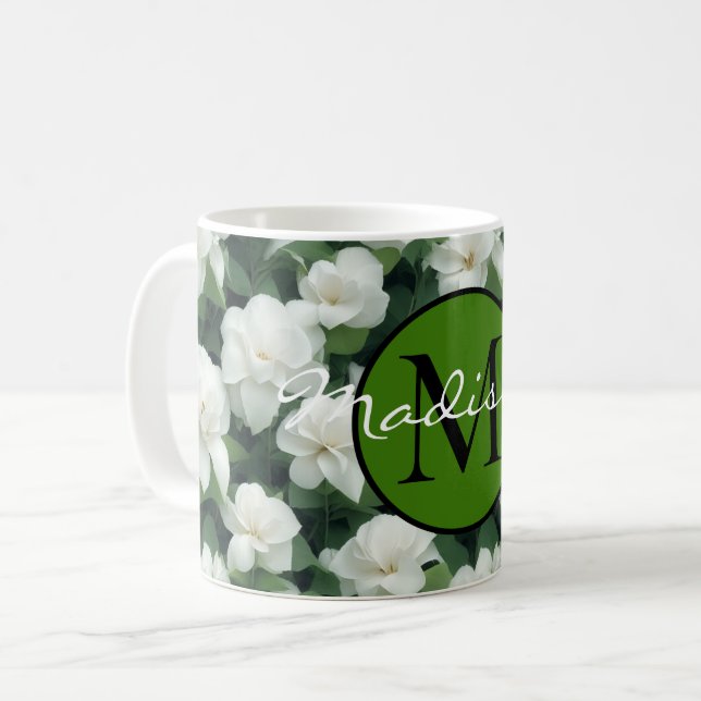 Elegant classic green botanical white floral coffee mug (Front Left)