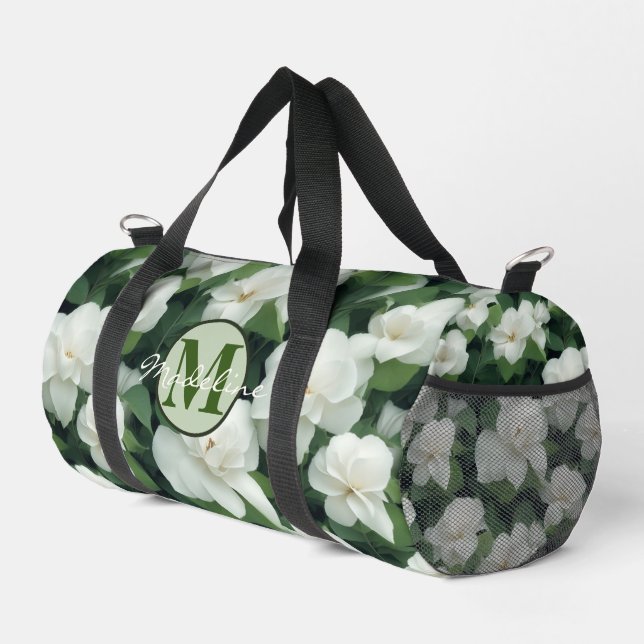 Elegant classic green botanical white floral duffle bag (Right Corner)