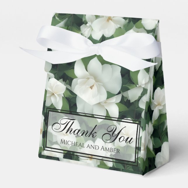 Elegant classic green botanical white floral favor box (Front Side)