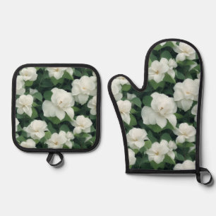 Elegant classic green botanical white floral oven mitt & pot holder set