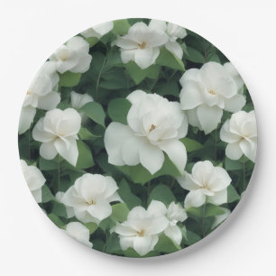 Elegant classic green botanical white floral paper plate