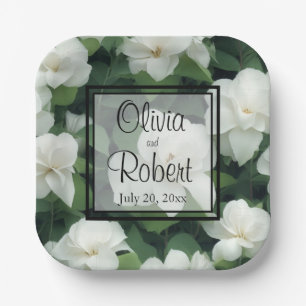 Elegant classic green botanical white floral paper plate