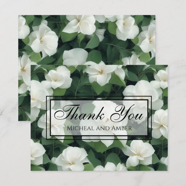 Elegant classic green botanical white floral thank you card (Front/Back)