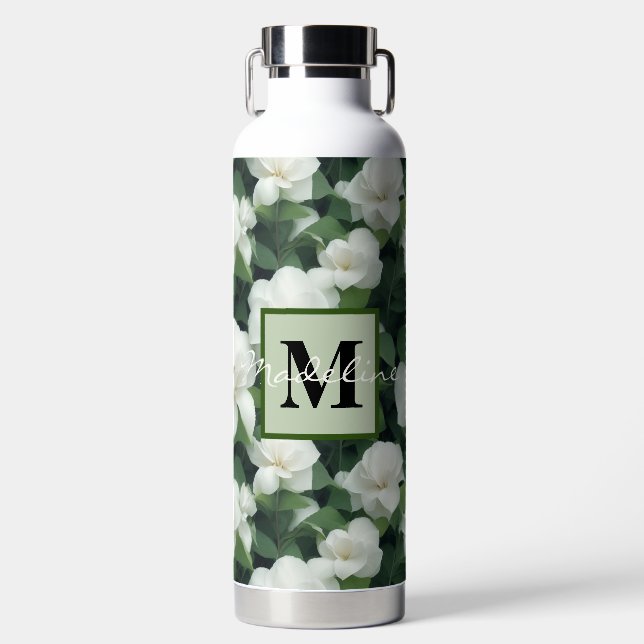 Elegant classic green botanical white floral water bottle (Front)