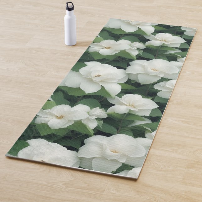 Elegant classic green botanical white floral yoga mat (In Situ)