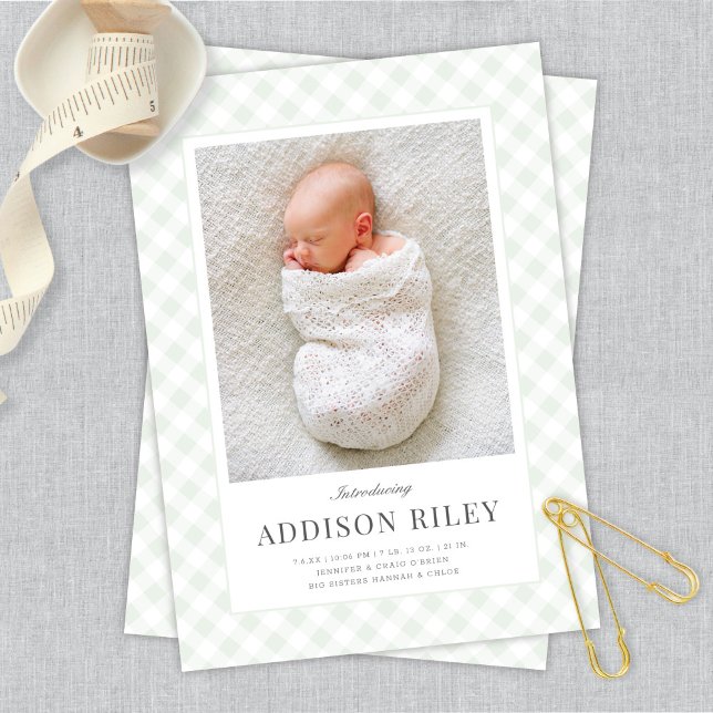 Elegant Classic Green Gingham Gender Neutral Birth Announcement (Creator Uploaded)