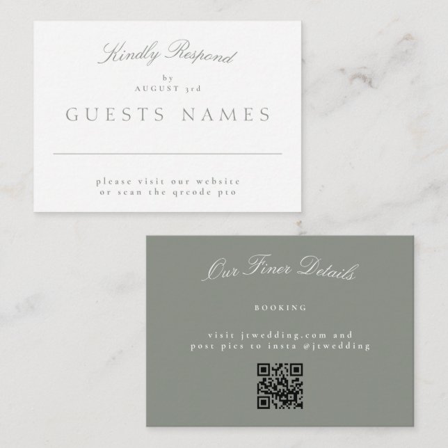 Elegant Classic Grey Green Wedding QR CODE RSVP Card (Front/Back)