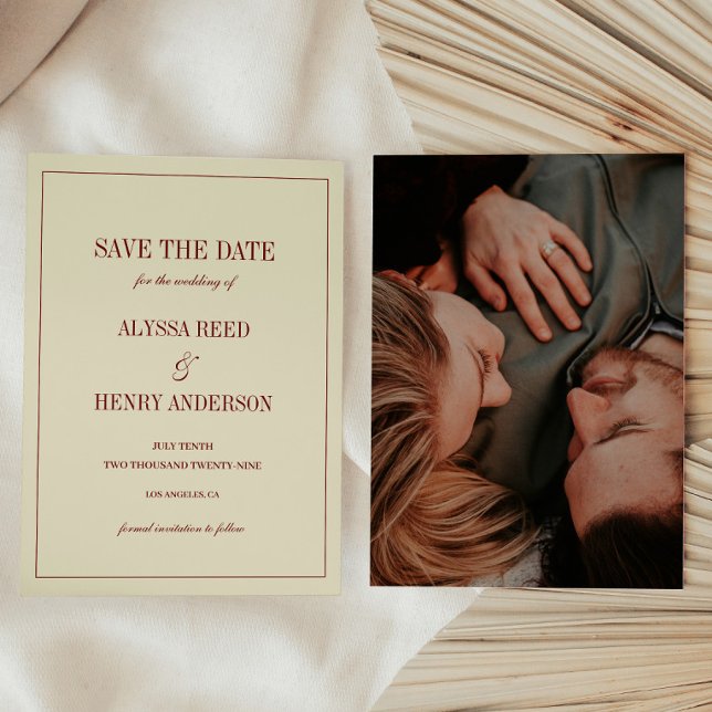 Elegant Classic Ivory & Red Script Wedding Photo Save The Date (Creator Uploaded)