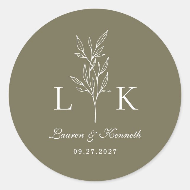 Elegant Classic Leaf Monogram Wedding Olive Green Classic Round Sticker (Front)