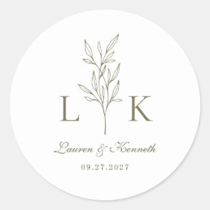 Elegant Classic Leaf Monogram Wedding Olive Green Classic Round Sticker