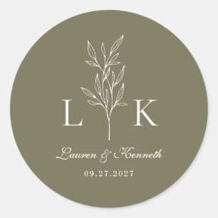 Elegant Classic Leaf Monogram Wedding Olive Green Round Sticker