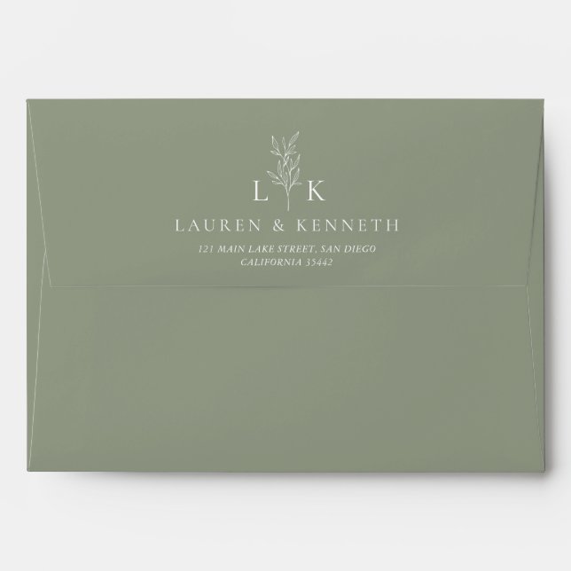 Elegant Classic Leaf Monogram Wedding Sage Green Envelope (Back (Top Flap))