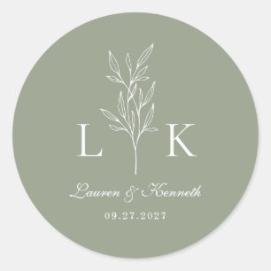 Elegant Classic Leaf Monogram Wedding Sage Green Round Sticker