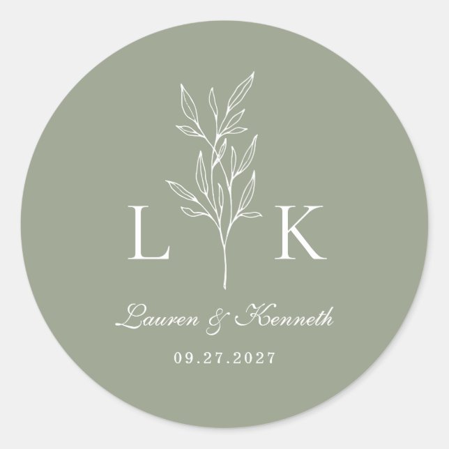 Elegant Classic Leaf Monogram Wedding Sage Green Round Sticker (Front)