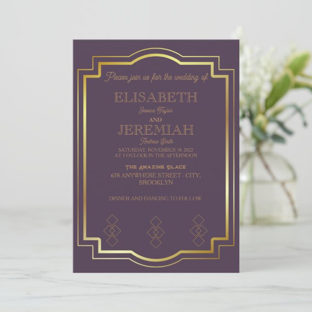 elegant Classic luxurious purple gold wedding  Invitation (Standing Front)